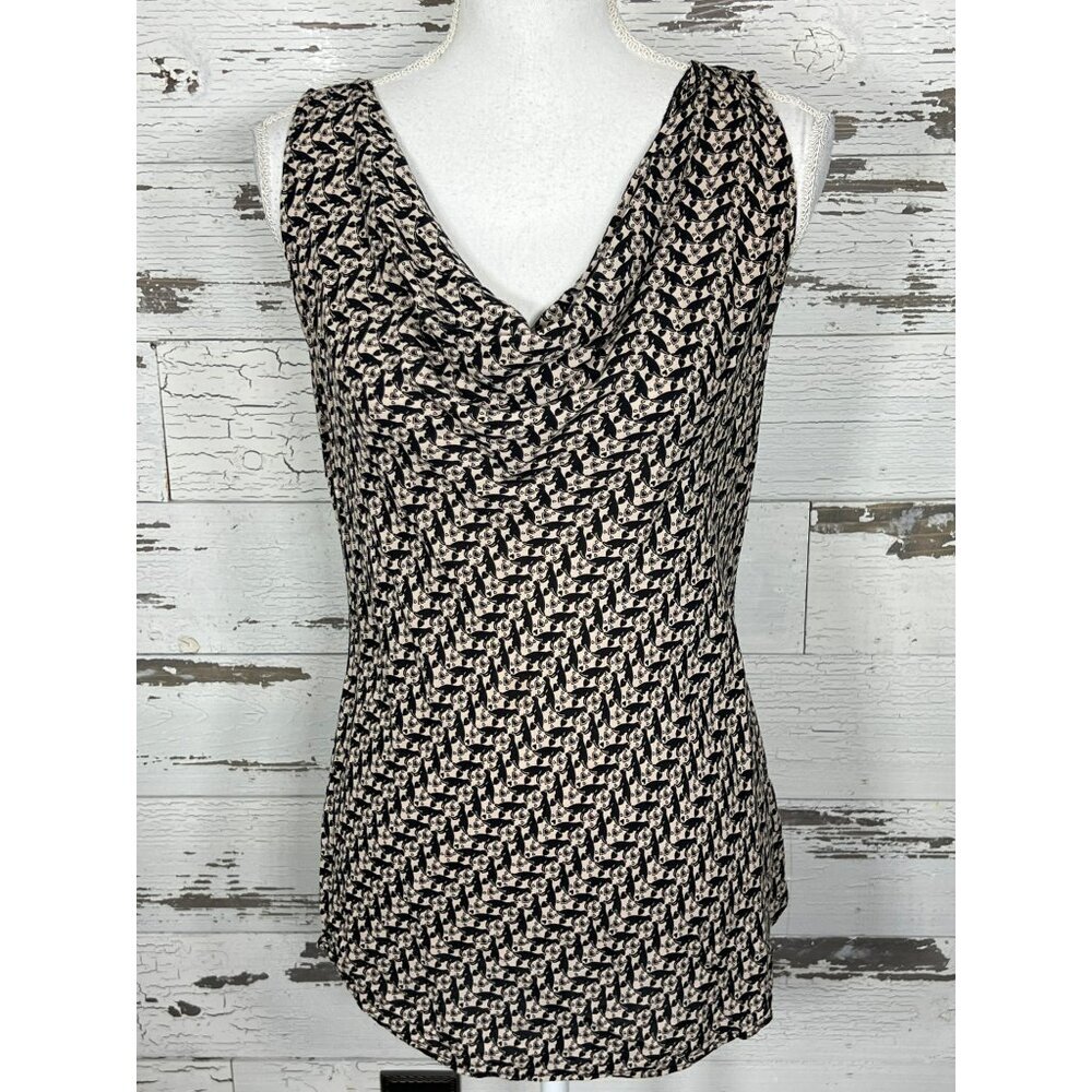 VINTAGE CABI Cat Love Sleeveless Drape Front Blouse Brown Black Sz M #829 EUC - Picture 2 of 6